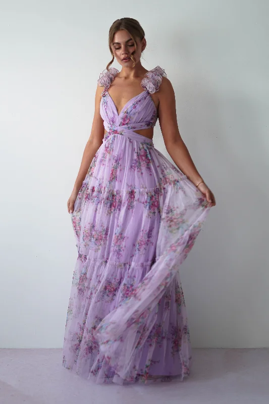 Alma Floral Print Tulle Maxi Dress | Lilac