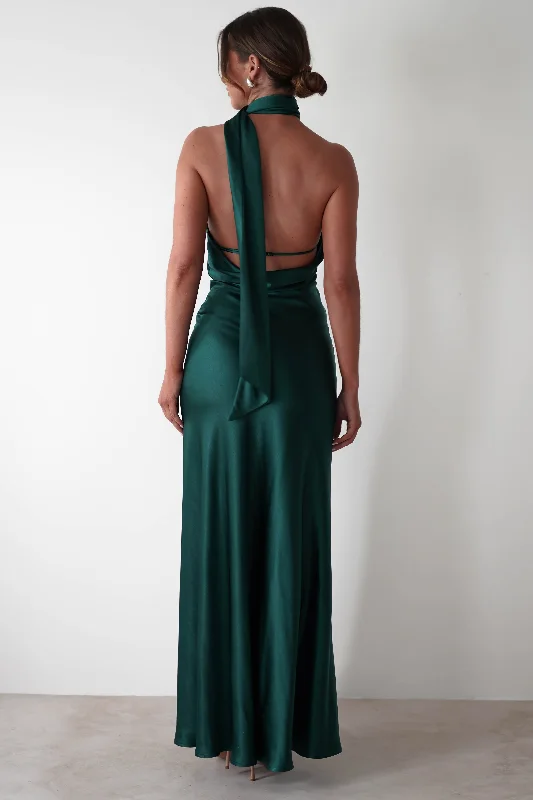 Amelda Soft Satin Maxi Gown Dress | Forest Green