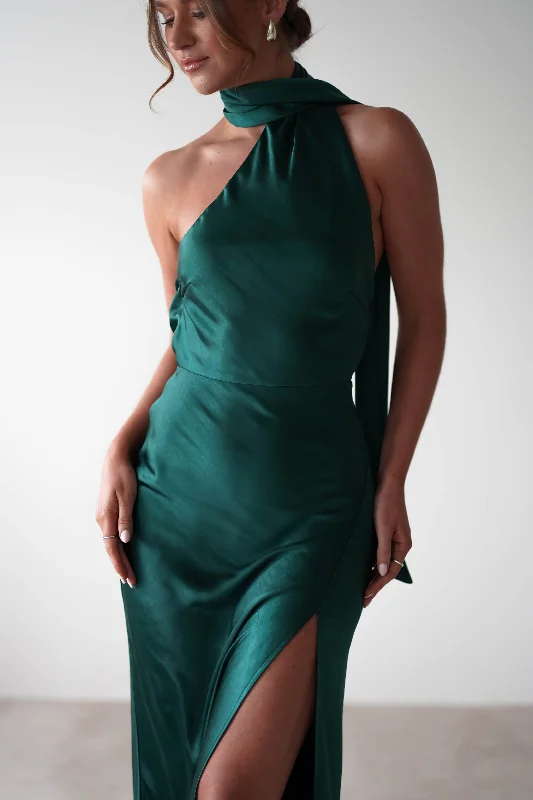 Amelda Soft Satin Maxi Gown Dress | Forest Green