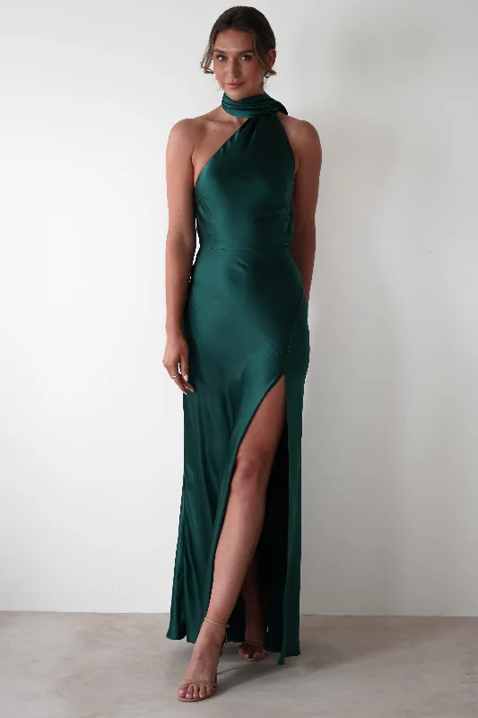 Amelda Soft Satin Maxi Gown Dress | Forest Green