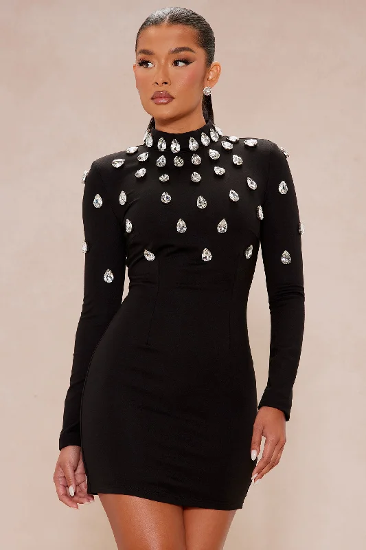 Aria Embellished Mini Dress - Black