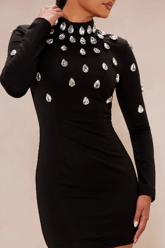 Aria Embellished Mini Dress - Black