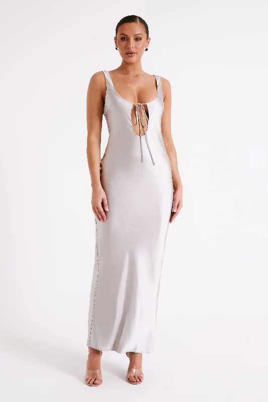 Aubrie Keyhole Satin Maxi Dress - Silver