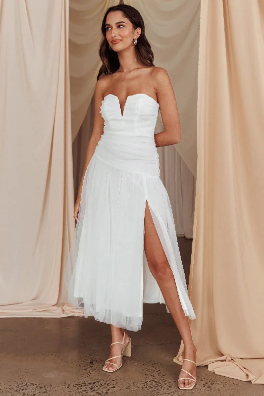 Daphnie Drop Waist Tulle Midi Dress White