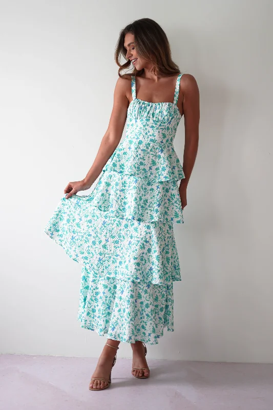 Emily Floral Ruffle Maxi Dress | Green/White