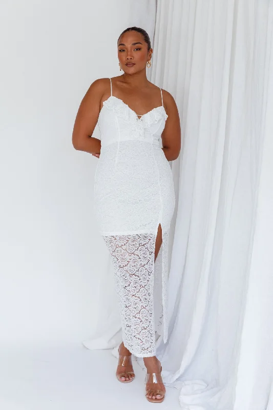 Evaleigh Frill Trim Lace Midi Dress White