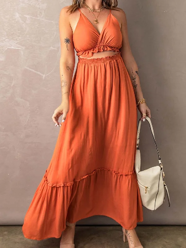 Frill Trim Cutout Spaghetti Strap Maxi Dress