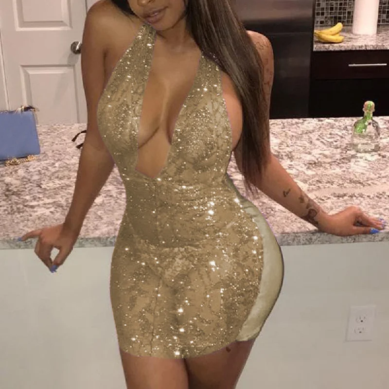 Full Mesh Sequins V-neck Backless Bodycon Mini Dresses