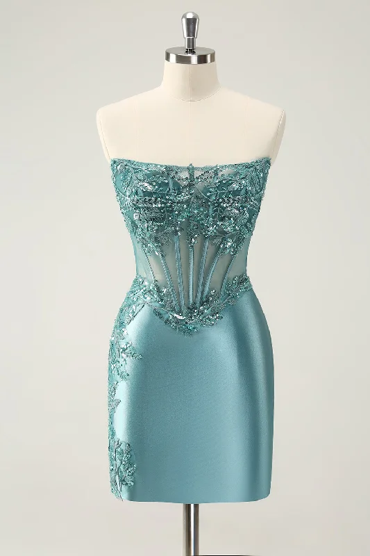 Glitter Peacock Tight Strapless Corset Short Homecoming Dress with  Appliques