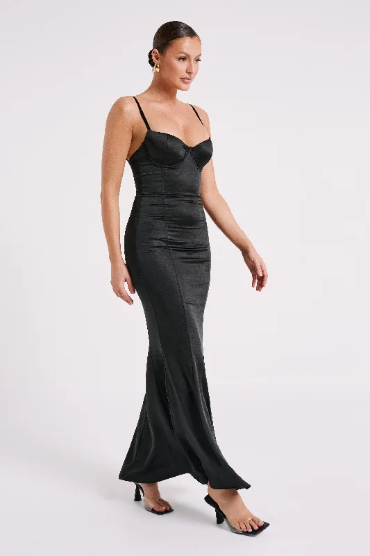 Katya Cupped Satin Maxi Dress - Black