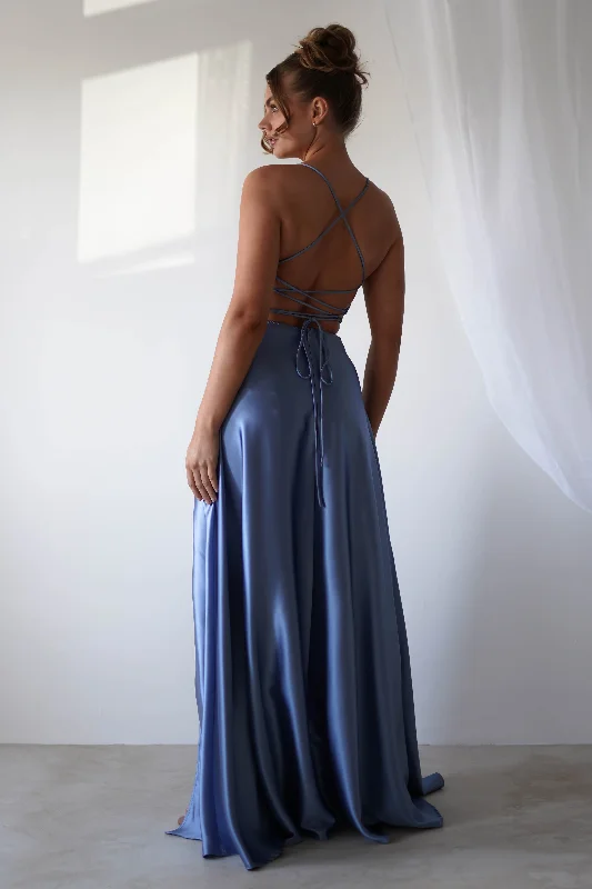 Leelie Silky Satin Maxi Gown | Slate Blue