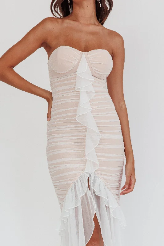 Mesmerize Strapless High-Low Hem Mesh Dress White