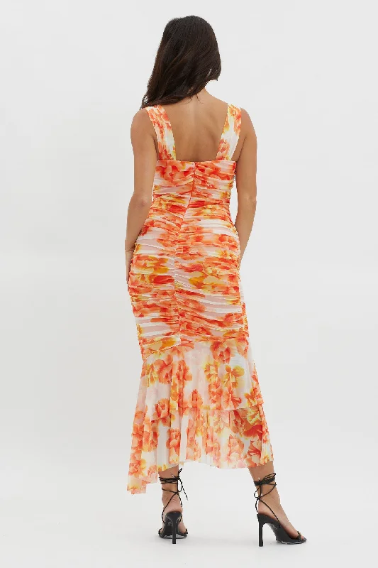 Nadia Ruched Fishtail Midi Dress Floral White