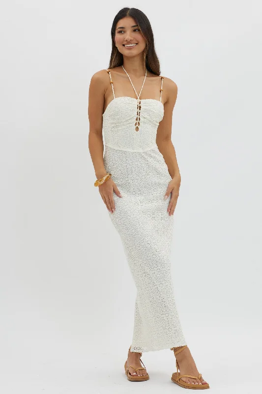 Namaste Bead Strap Lace Midi Dress White