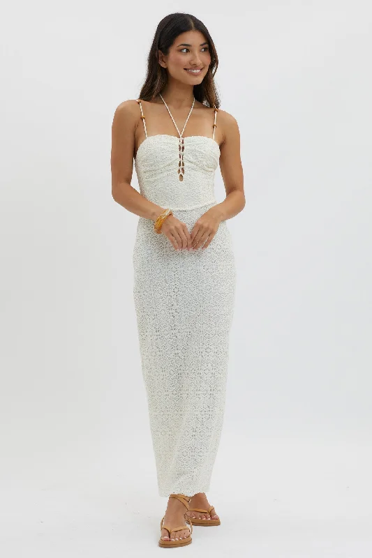 Namaste Bead Strap Lace Midi Dress White