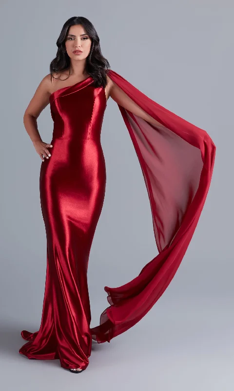 One-Shoulder Long Formal Prom Dress with Cape