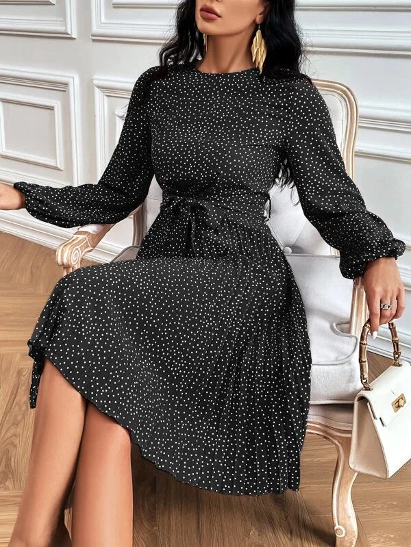 Polka Dot Print Lantern Sleeve Pleated Hem Dress