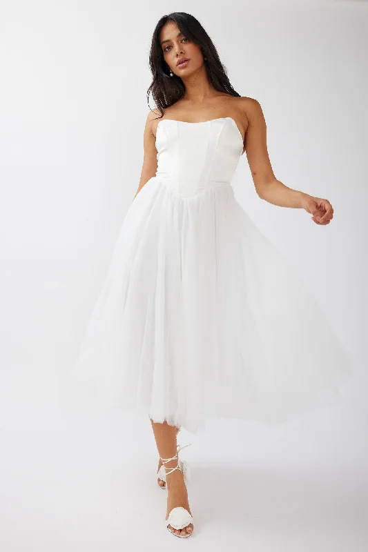 Rosemary Tulle Bustier Midi Dress White