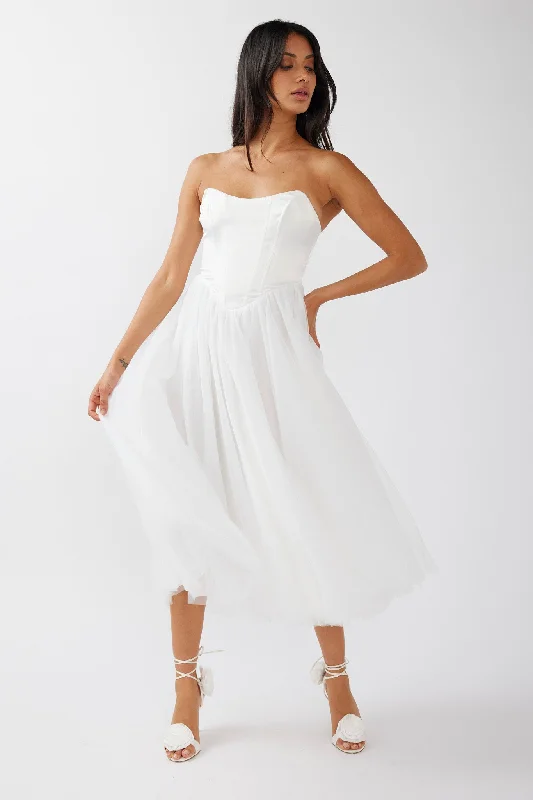 Rosemary Tulle Bustier Midi Dress White