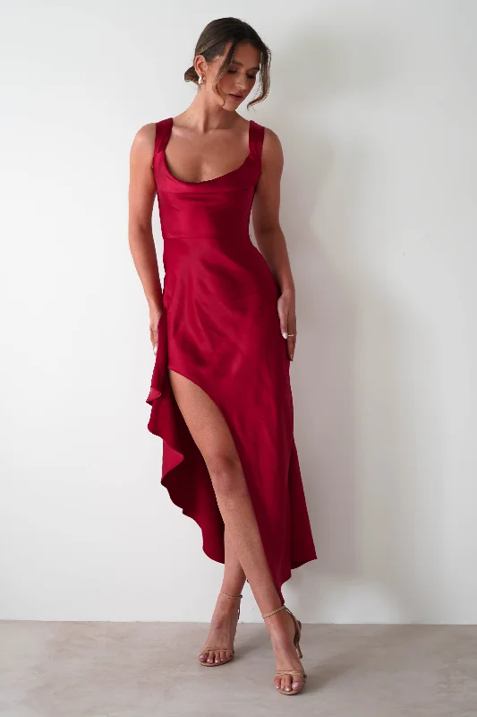 Seville Soft Satin Midaxi Dress | Berry Red