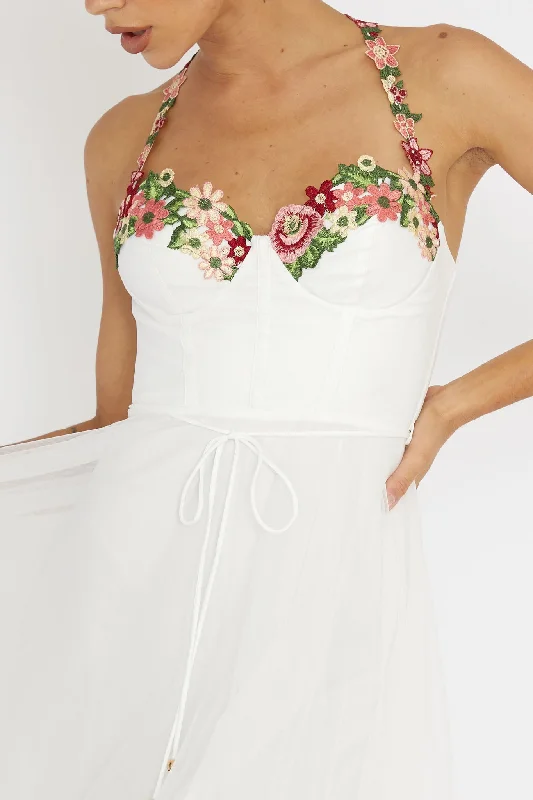 Smitten Sweetheart Neckline Floral Trim Dress White