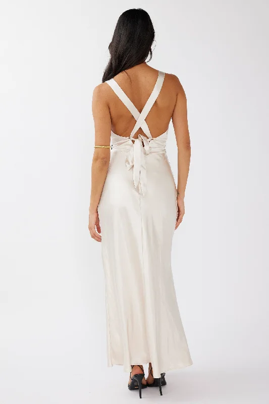 Theriz Lace Trim Tied Back Maxi Dress Champagne