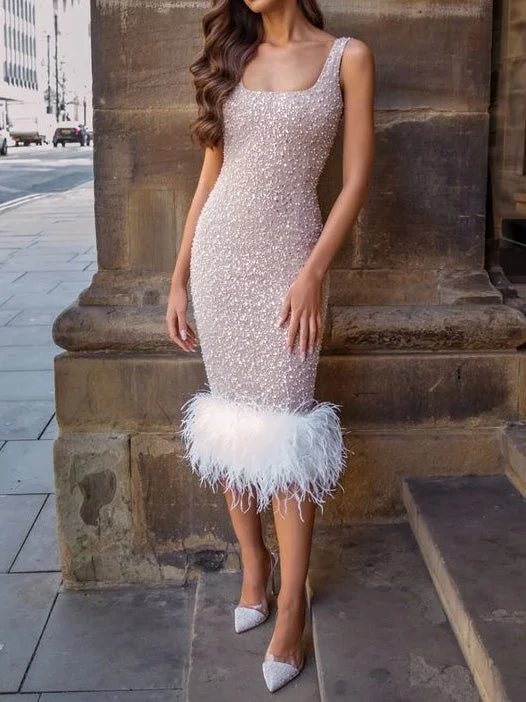 Square Neck Sequin Slim Fit Feather Swing Dress