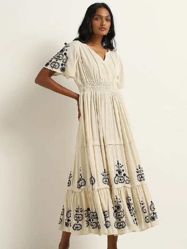 LOV Beige Embroidered Tiered Cotton Dress