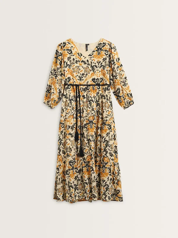 LOV Beige Floral Printed Tiered Dress with Belt