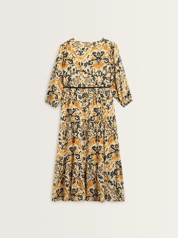 LOV Beige Floral Printed Tiered Dress with Belt