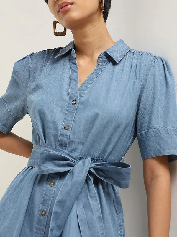 LOV Blue Denim Shirt Dress with Belt