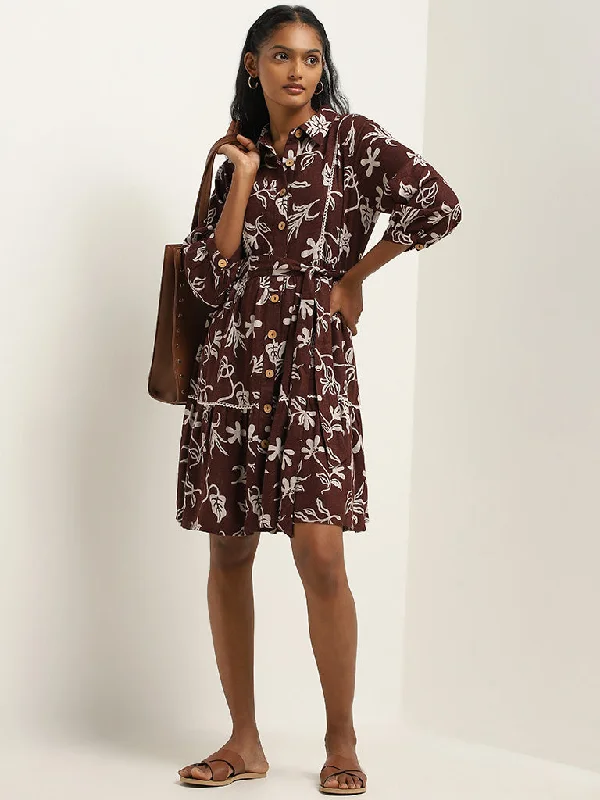 LOV Brown Floral Design Shirt Cotton Dress with Belt