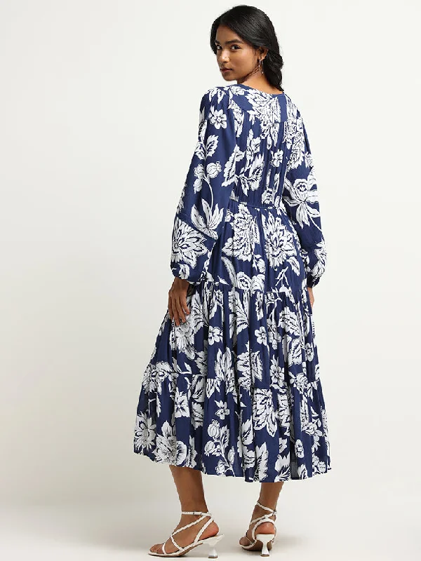 LOV Navy Botanical Print Midi Dress