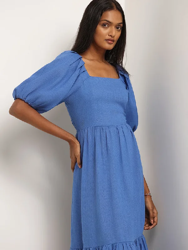 LOV Solid Blue Tiered Blended Linen Maxi Dress