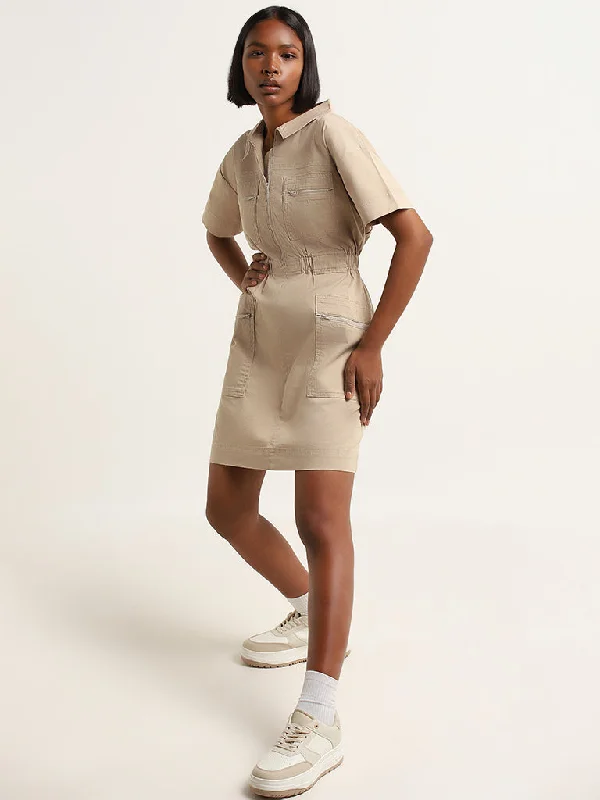 Nuon Beige Cotton Blend Cargo Straight Shirt Dress