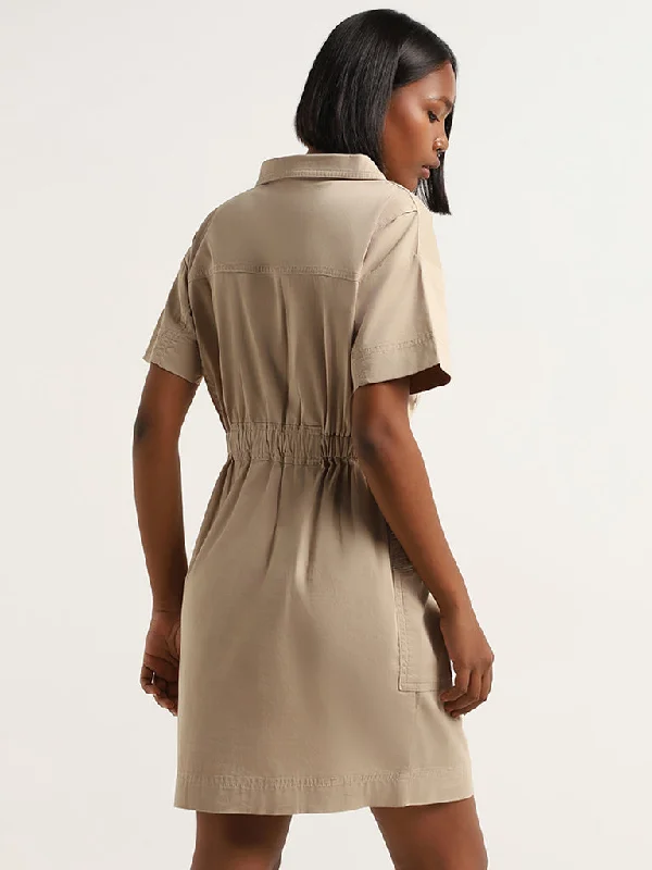 Nuon Beige Cotton Blend Cargo Straight Shirt Dress