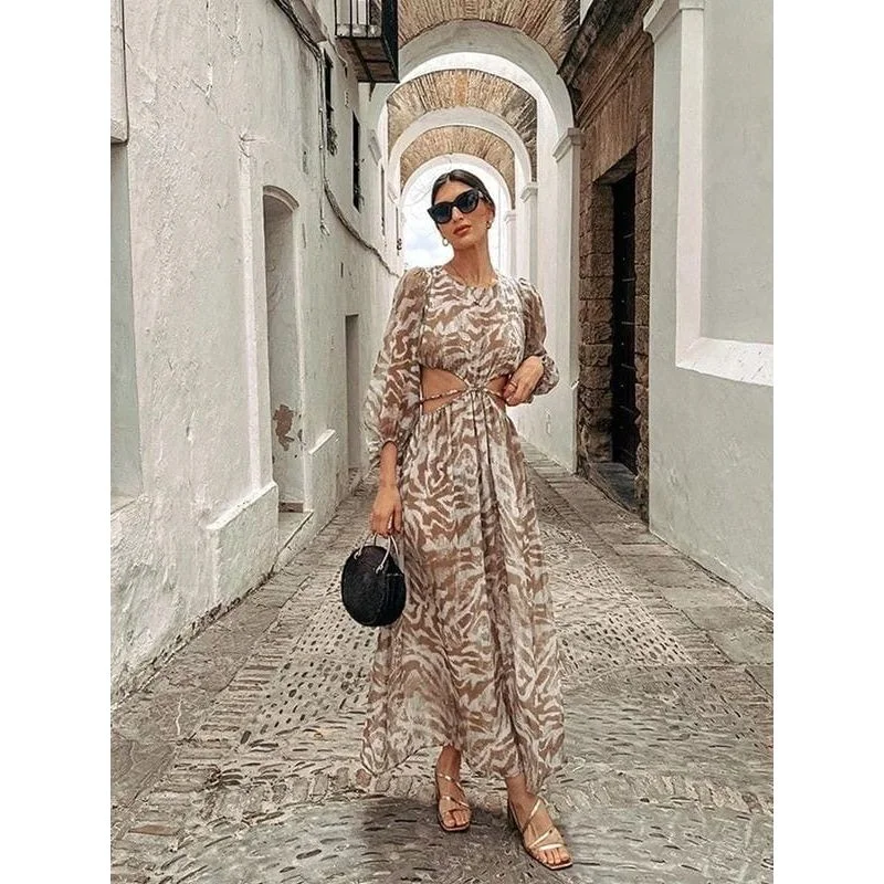 Vintage Long Sleeve Printed Dress