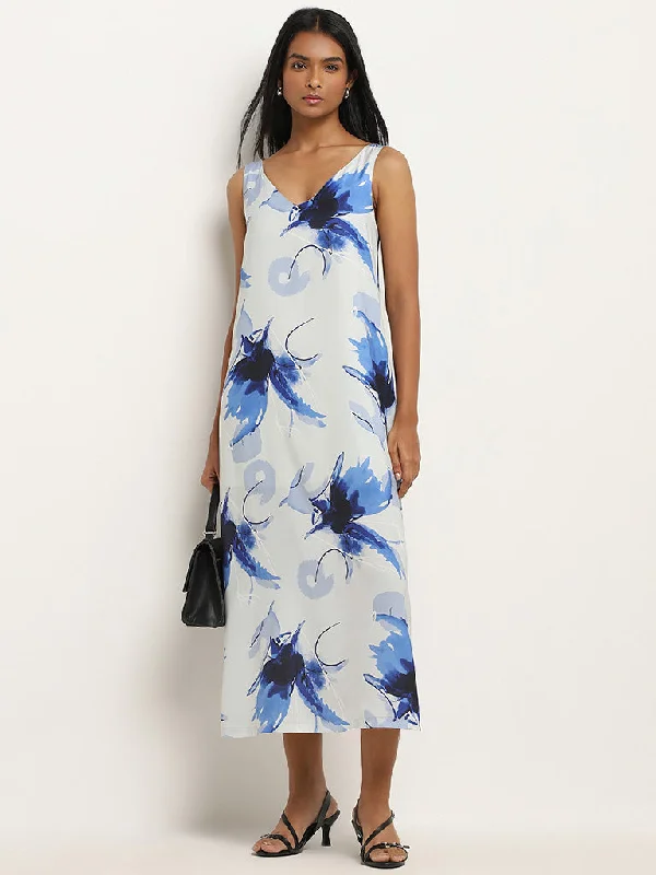 Wardrobe Ivory & Navy Abstract Printed Straight Dress